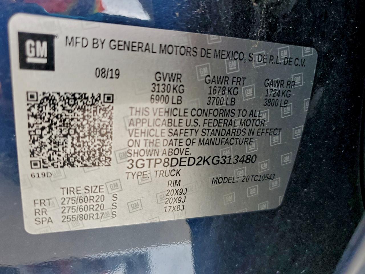 2019 GMC Sierra C1500 Slt VIN: 3GTP8DED2KG313480 Lot: 93132115