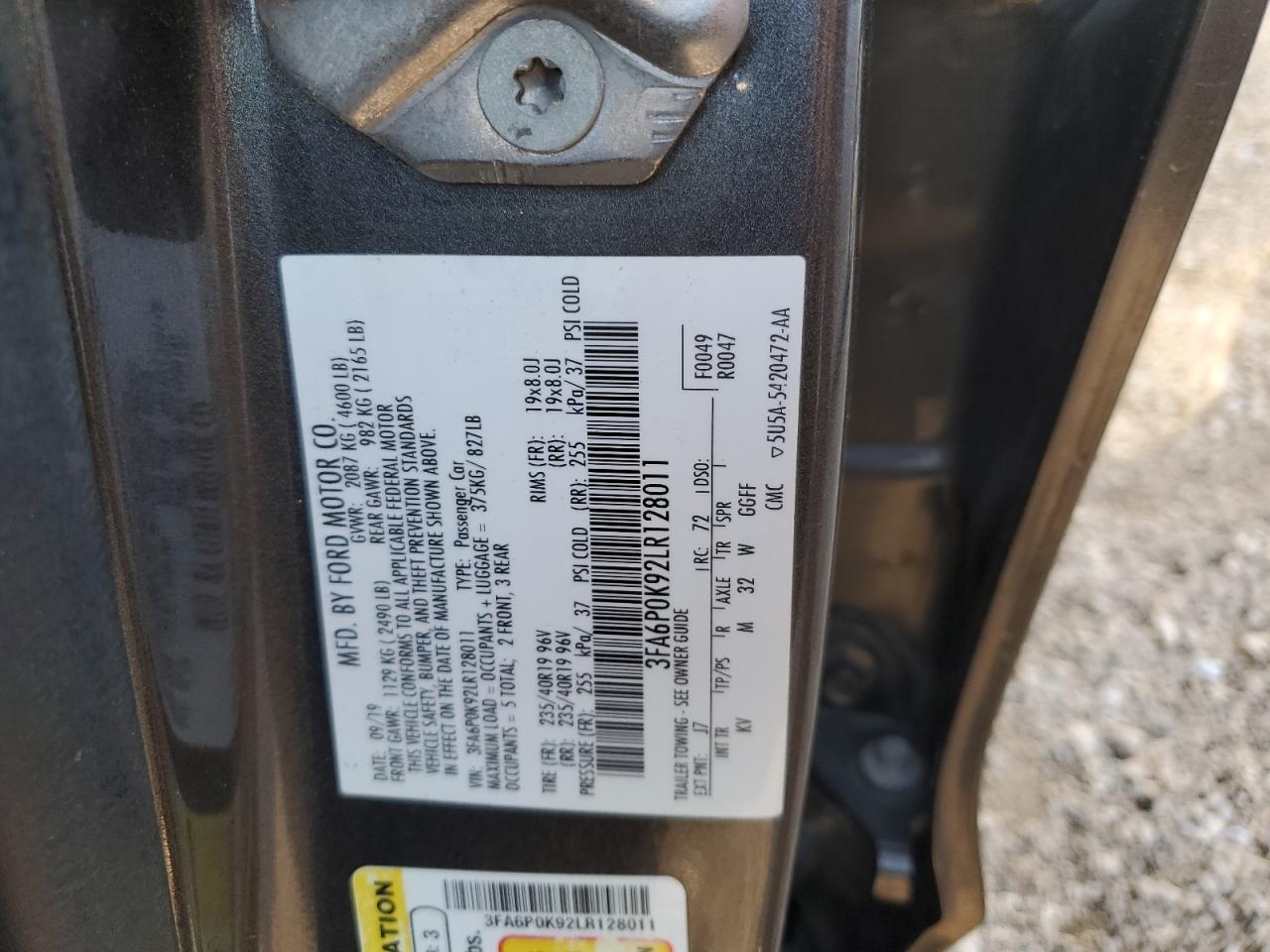 2020 Ford Fusion Titanium VIN: 3FA6P0K92LR128011 Lot: 92196695