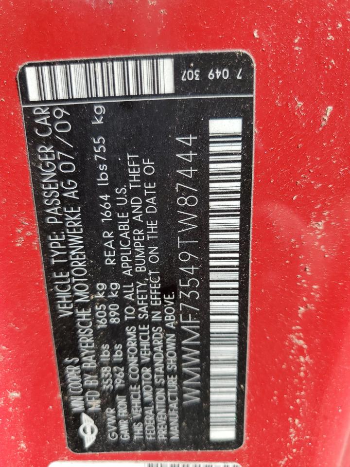 2009 Mini Cooper S VIN: WMWMF73549TW87444 Lot: 92920635