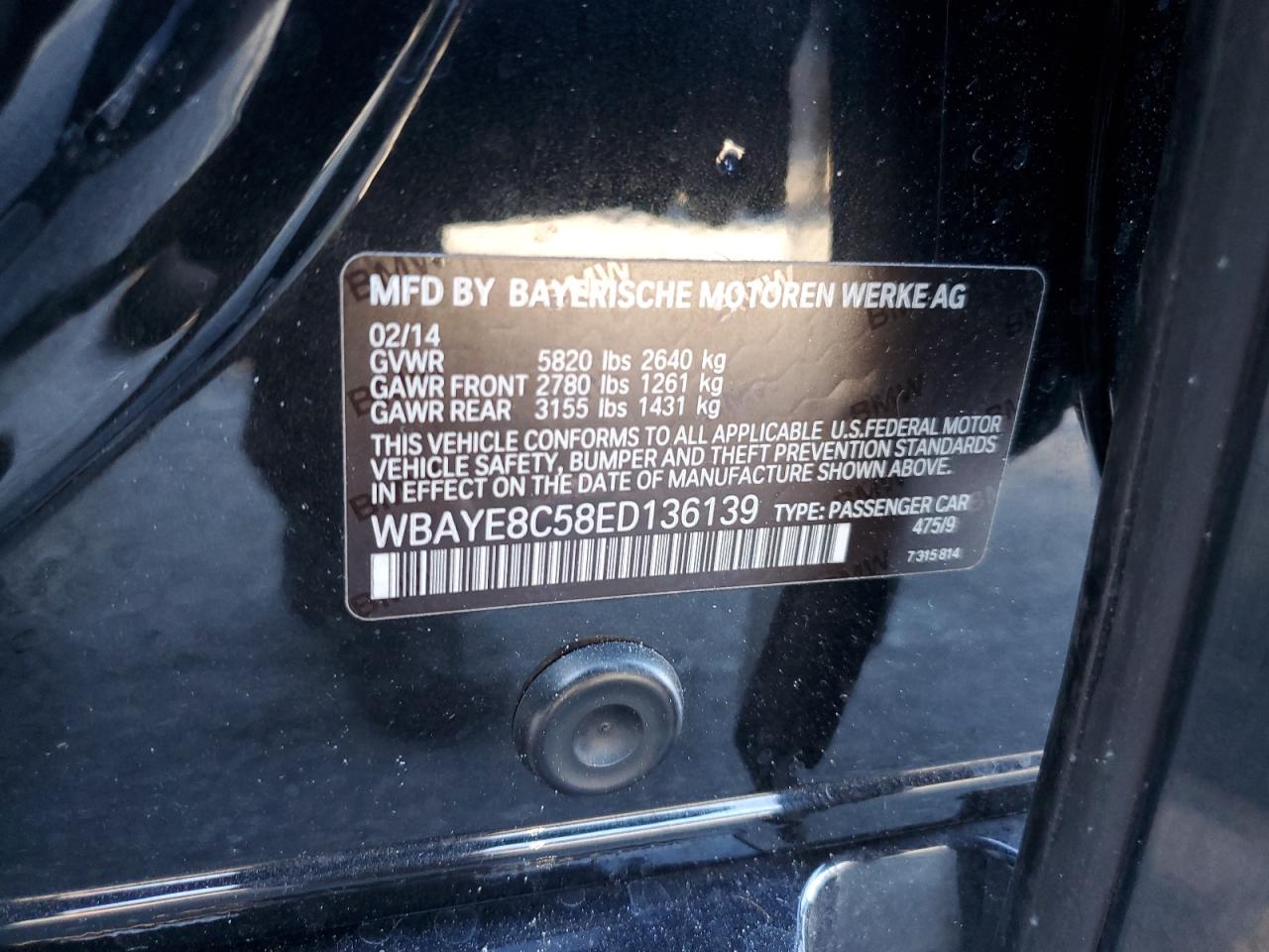 2014 BMW 750 Li VIN: WBAYE8C58ED136139 Lot: 91629365