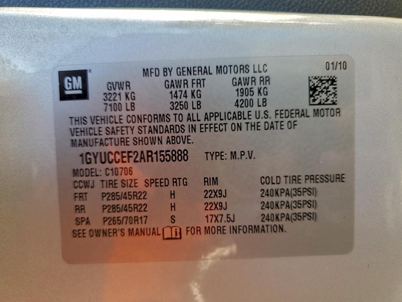 2010 Cadillac Escalade Premium VIN: 1GYUCCEF2AR155888 Lot: 94494415