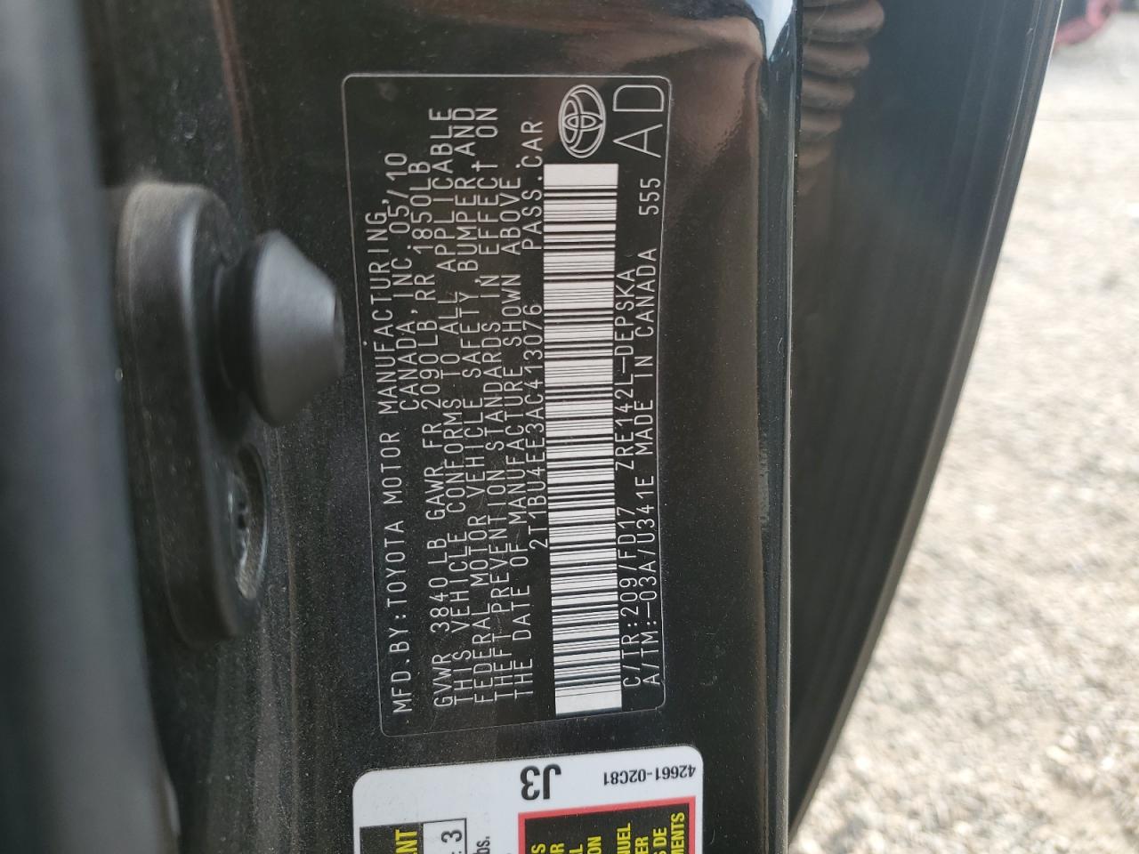 2010 Toyota Corolla Base VIN: 2T1BU4EE3AC413076 Lot: 91642015