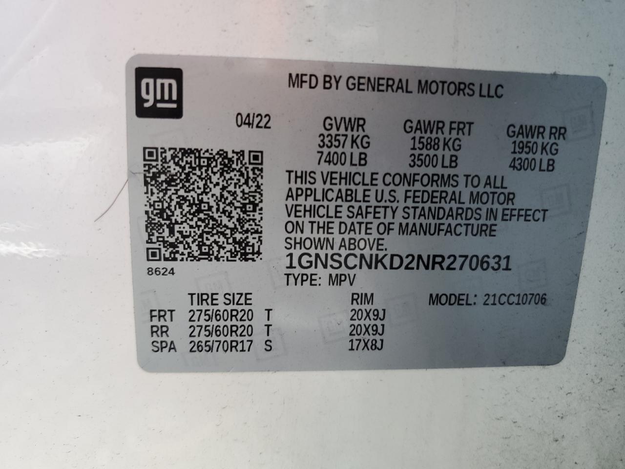 2022 Chevrolet Tahoe C1500 Lt VIN: 1GNSCNKD2NR270631 Lot: 92811265