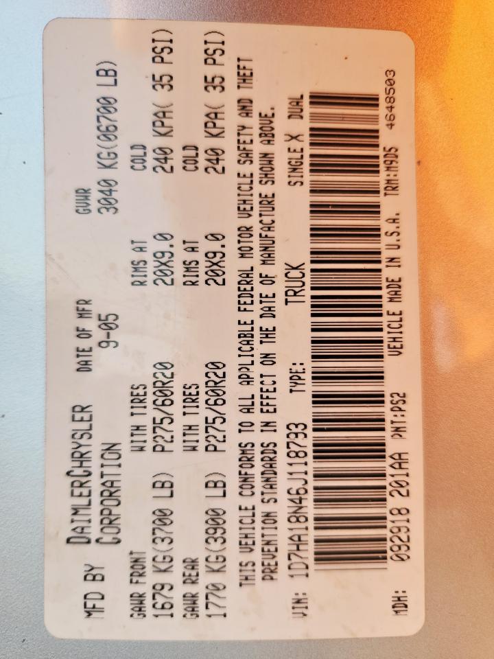 2006 Dodge Ram 1500 St VIN: 1D7HA18N46J118793 Lot: 89562055
