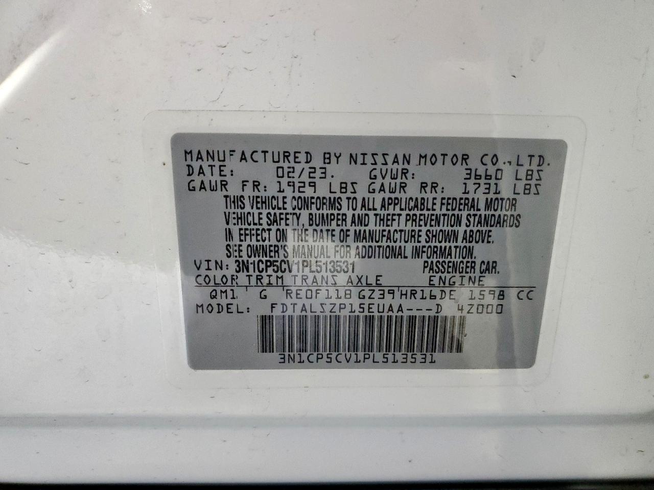 2023 Nissan Kicks Sv VIN: 3N1CP5CV1PL513531 Lot: 89852525