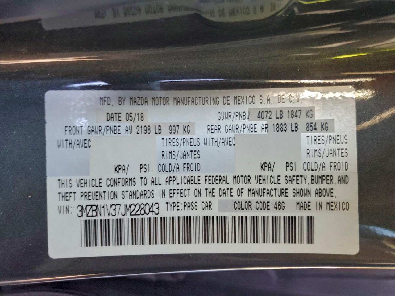 2018 Mazda 3 Touring VIN: 3MZBN1V37JM228043 Lot: 94362005