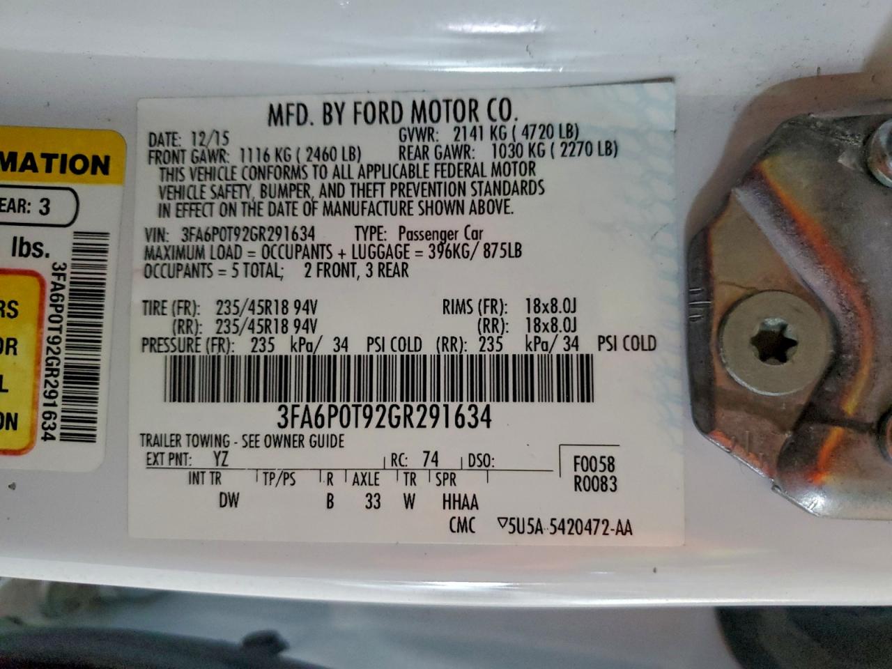 2016 Ford Fusion Se VIN: 3FA6P0T92GR291634 Lot: 93948495