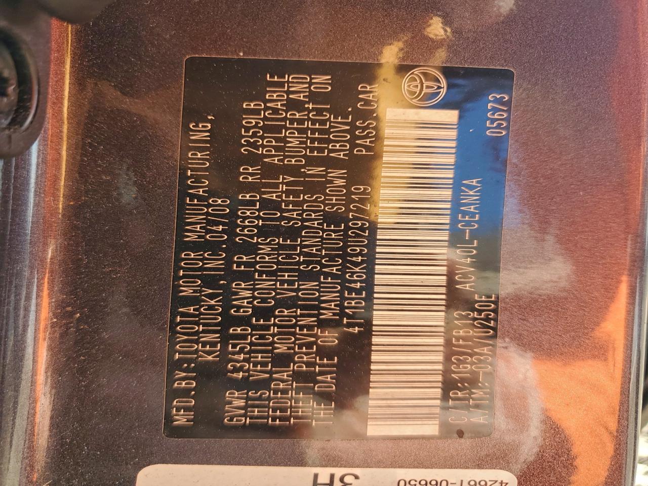 2009 Toyota Camry Base VIN: 4T1BE46K49U297219 Lot: 94265765