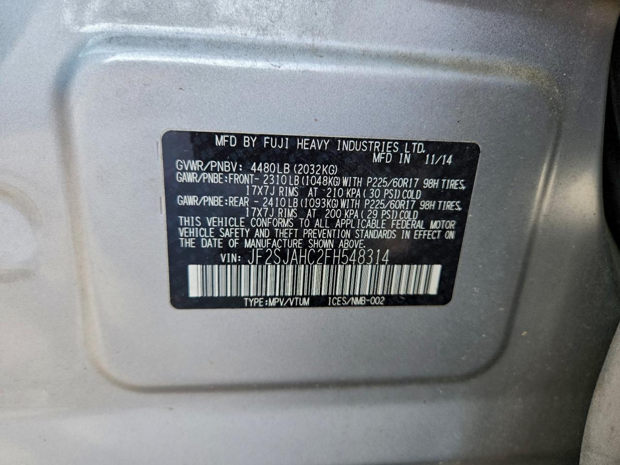 2015 Subaru Forester 2.5I Limited VIN: JF2SJAHC2FH548314 Lot: 93599555