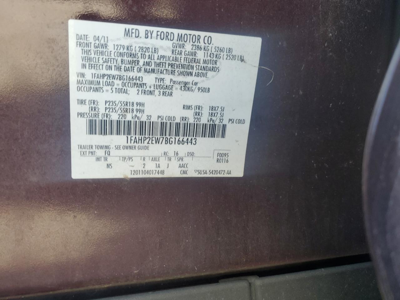 2011 Ford Taurus Sel VIN: 1FAHP2EW7BG166443 Lot: 90714205