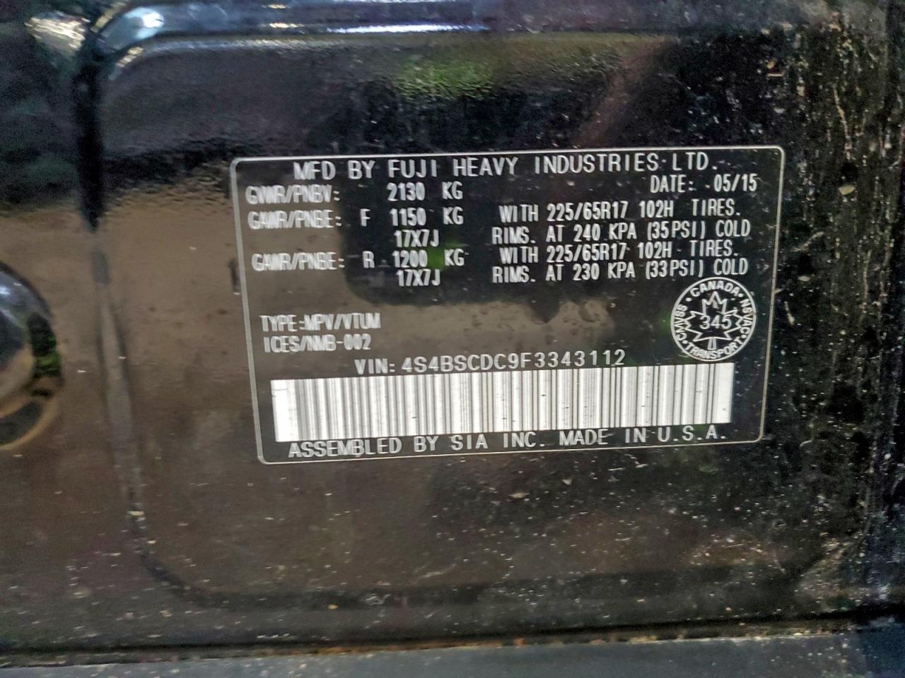 2015 Subaru Outback 2.5I Premium VIN: 4S4BSCDC9F3343112 Lot: 93623165