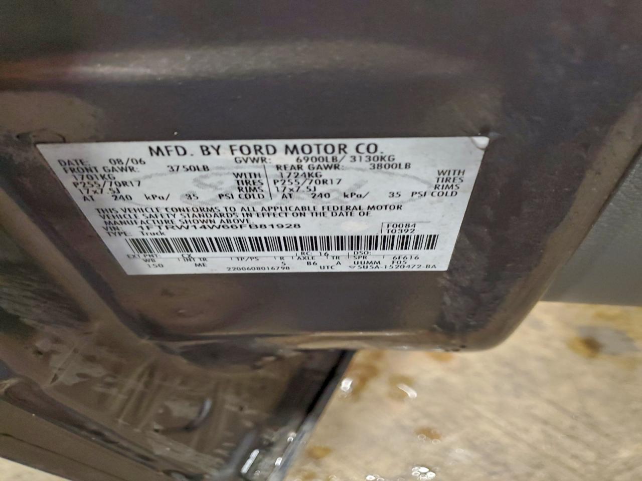 2006 Ford F150 Supercrew VIN: 1FTRW14W66FB81928 Lot: 94187535