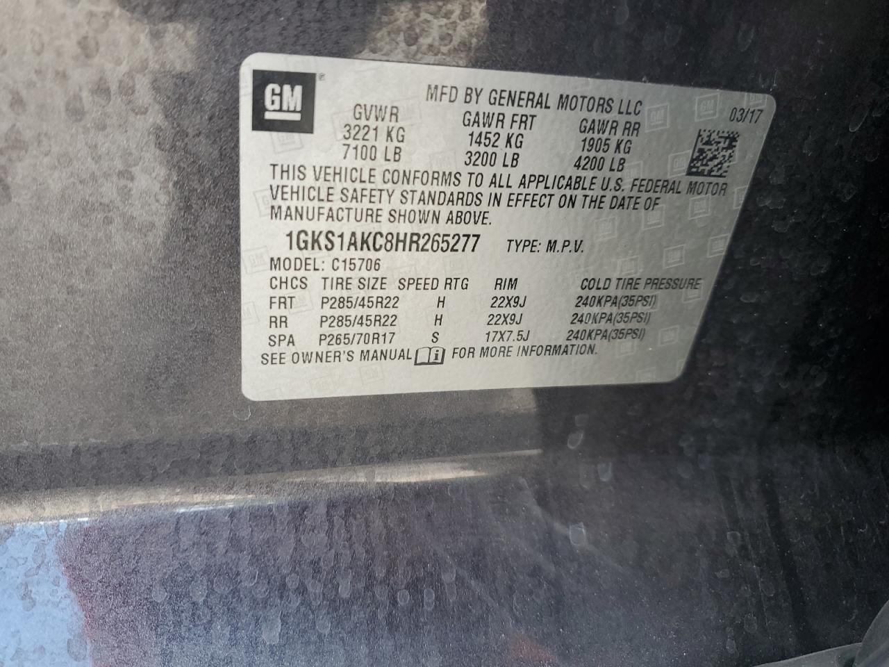 2017 GMC Yukon Sle VIN: 1GKS1AKC8HR265277 Lot: 91612635