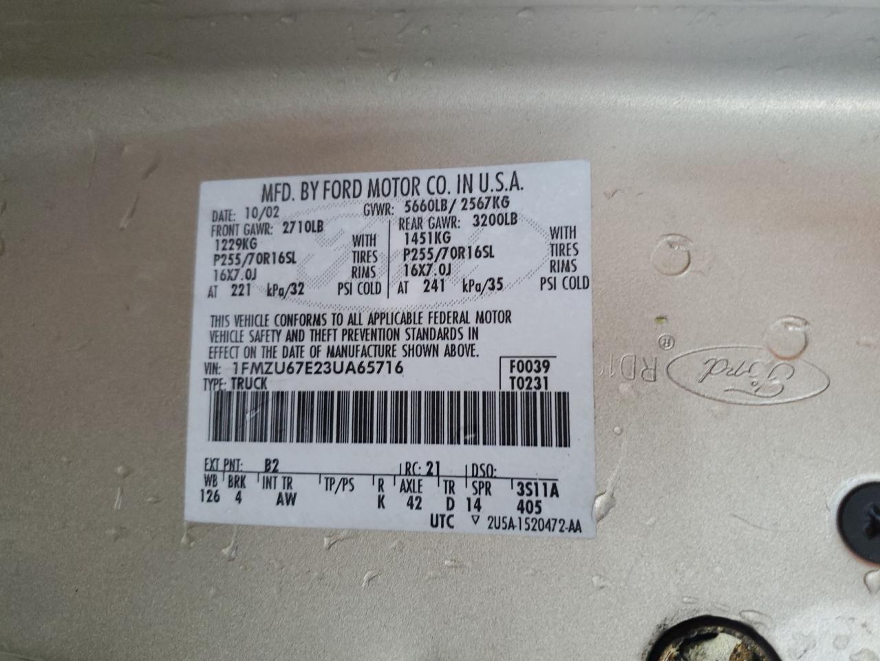 2003 Ford Explorer Sport Trac VIN: 1FMZU67E23UA65716 Lot: 92690105