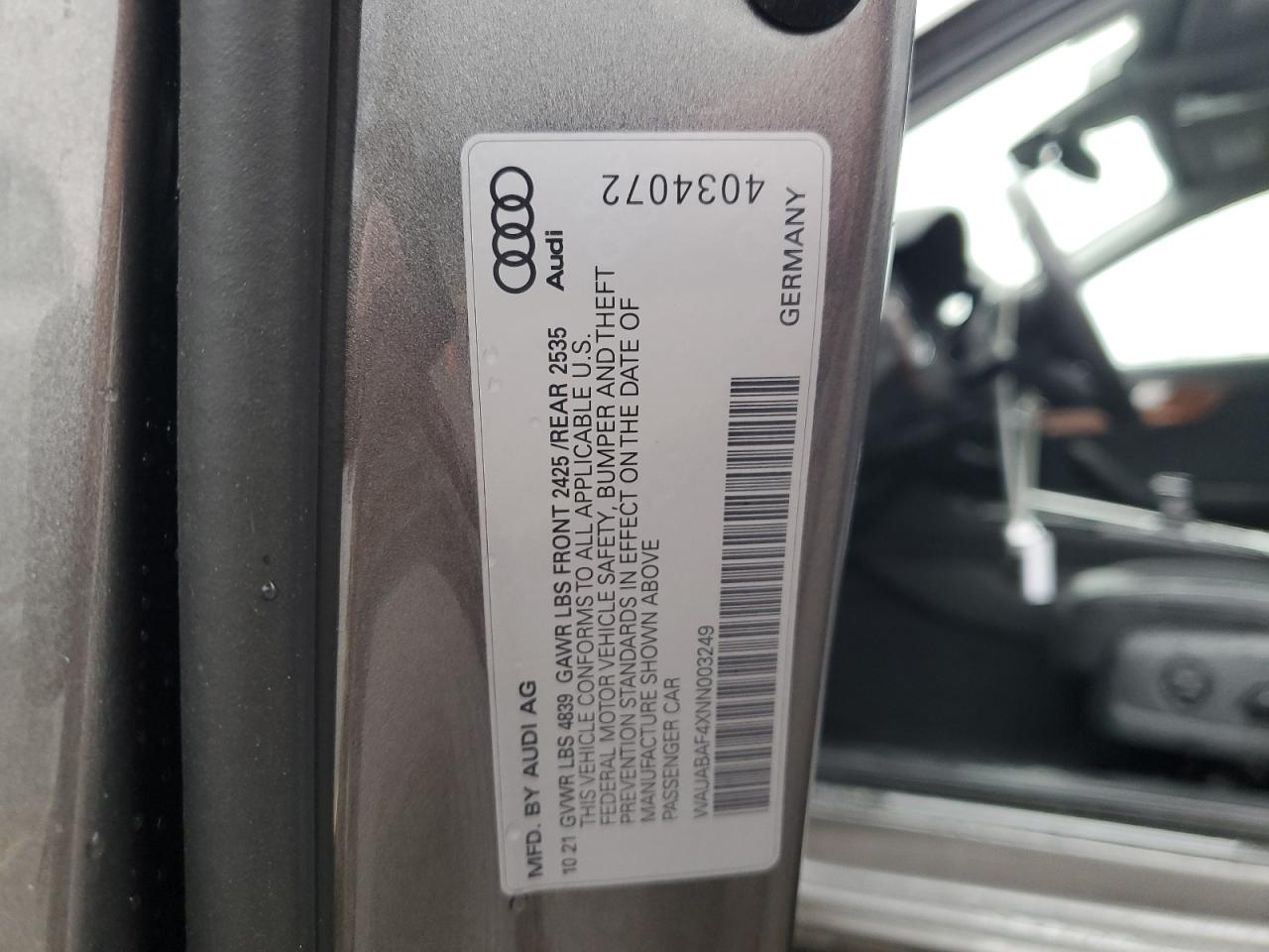 2022 Audi A4 Premium 40 VIN: WAUABAF4XNN003249 Lot: 93865795