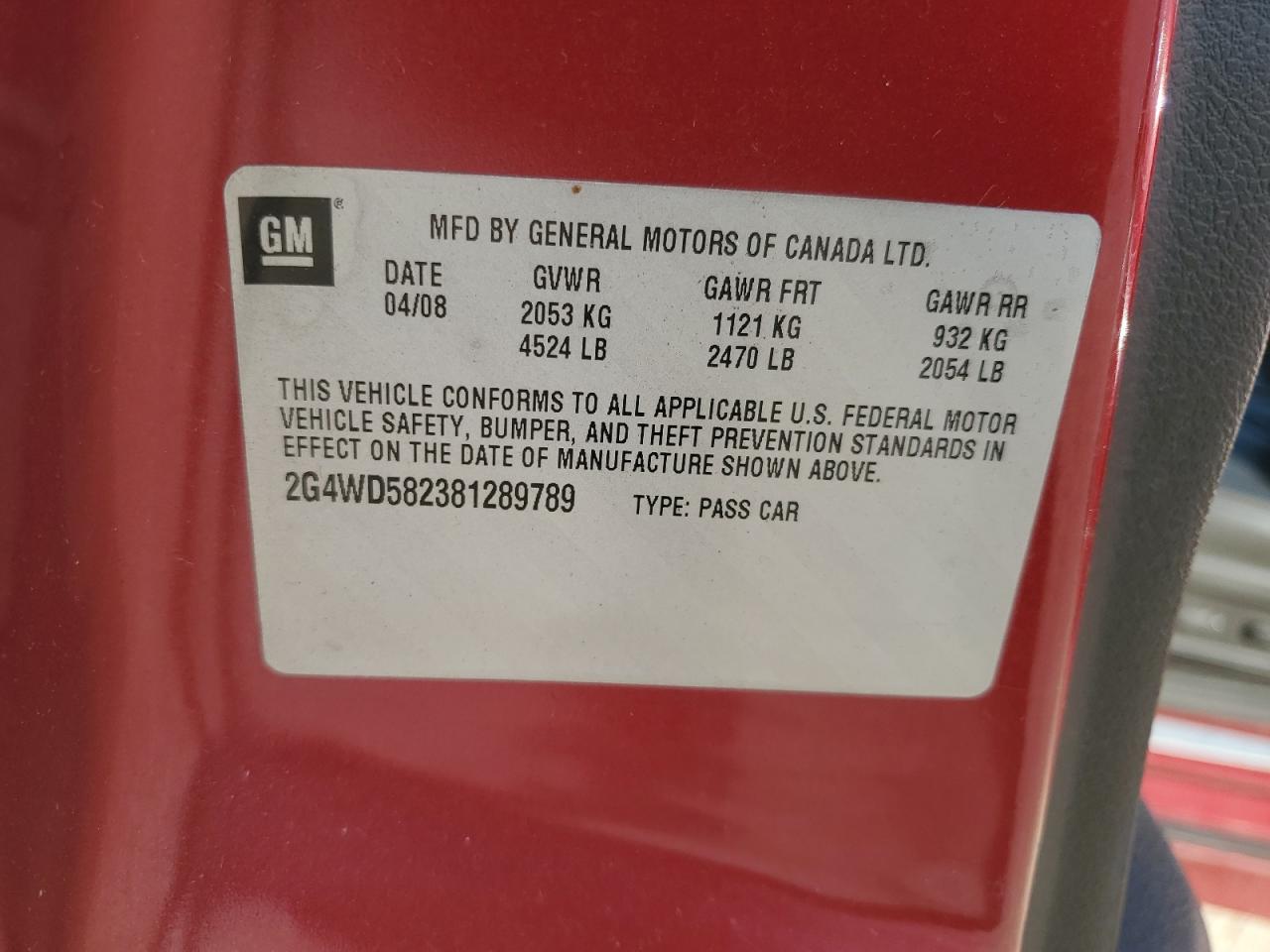 2008 Buick Lacrosse Cxl VIN: 2G4WD582381289789 Lot: 91463625