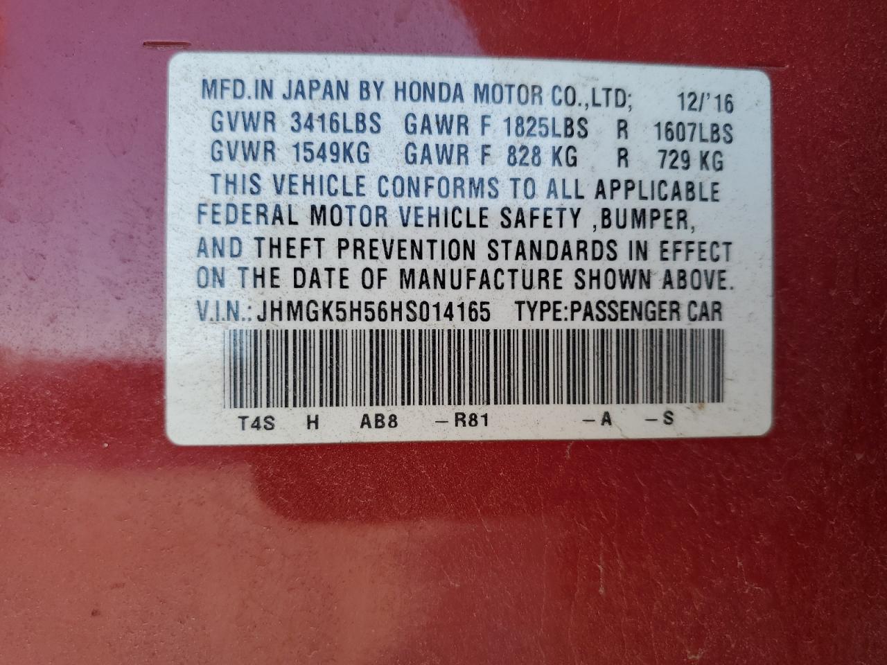 2017 Honda Fit Lx VIN: JHMGK5H56HS014165 Lot: 50648285