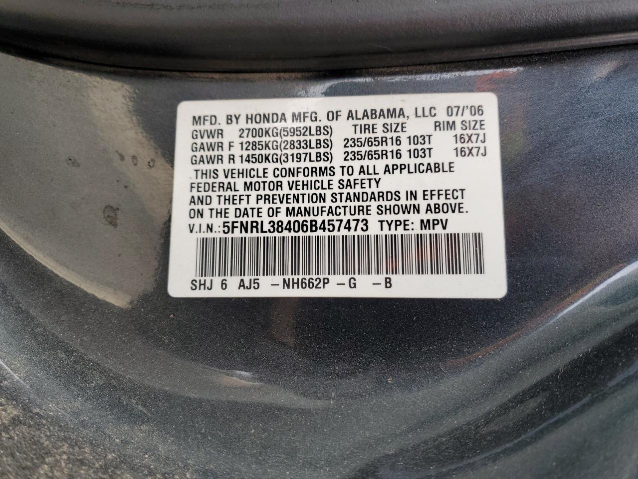 2006 Honda Odyssey Ex VIN: 5FNRL38406B457473 Lot: 93275345