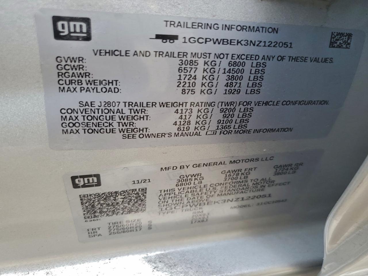 2022 Chevrolet Silverado Ltd C1500 Custom VIN: 1GCPWBEK3NZ122051 Lot: 94314305