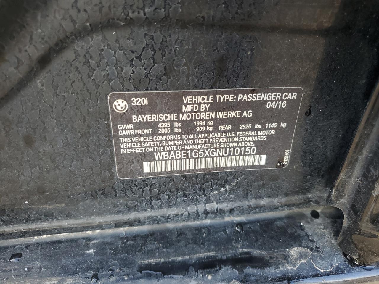 2016 BMW 320 I VIN: WBA8E1G5XGNU10150 Lot: 93271035