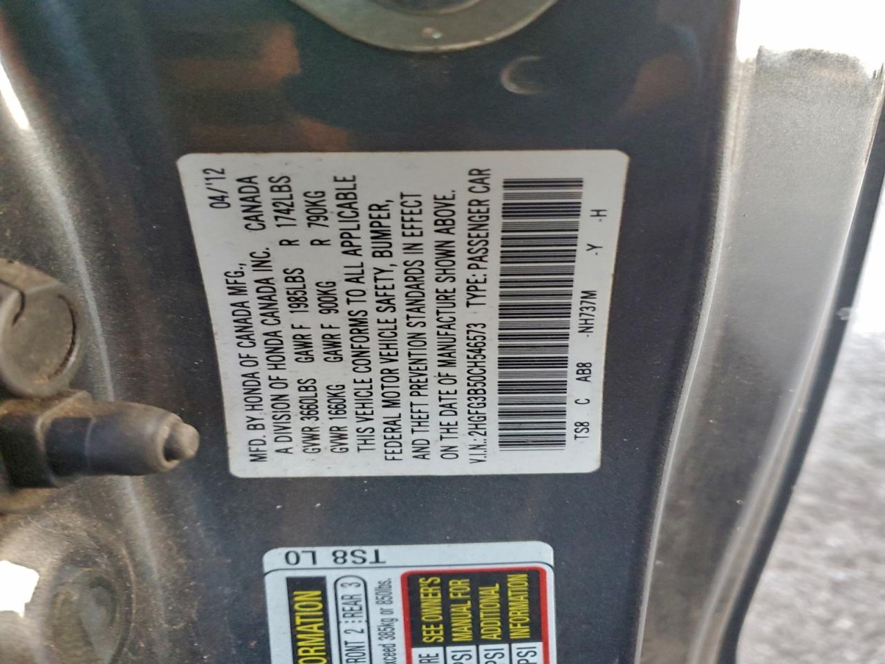 2012 Honda Civic Lx VIN: 2HGFG3B50CH546573 Lot: 94325555