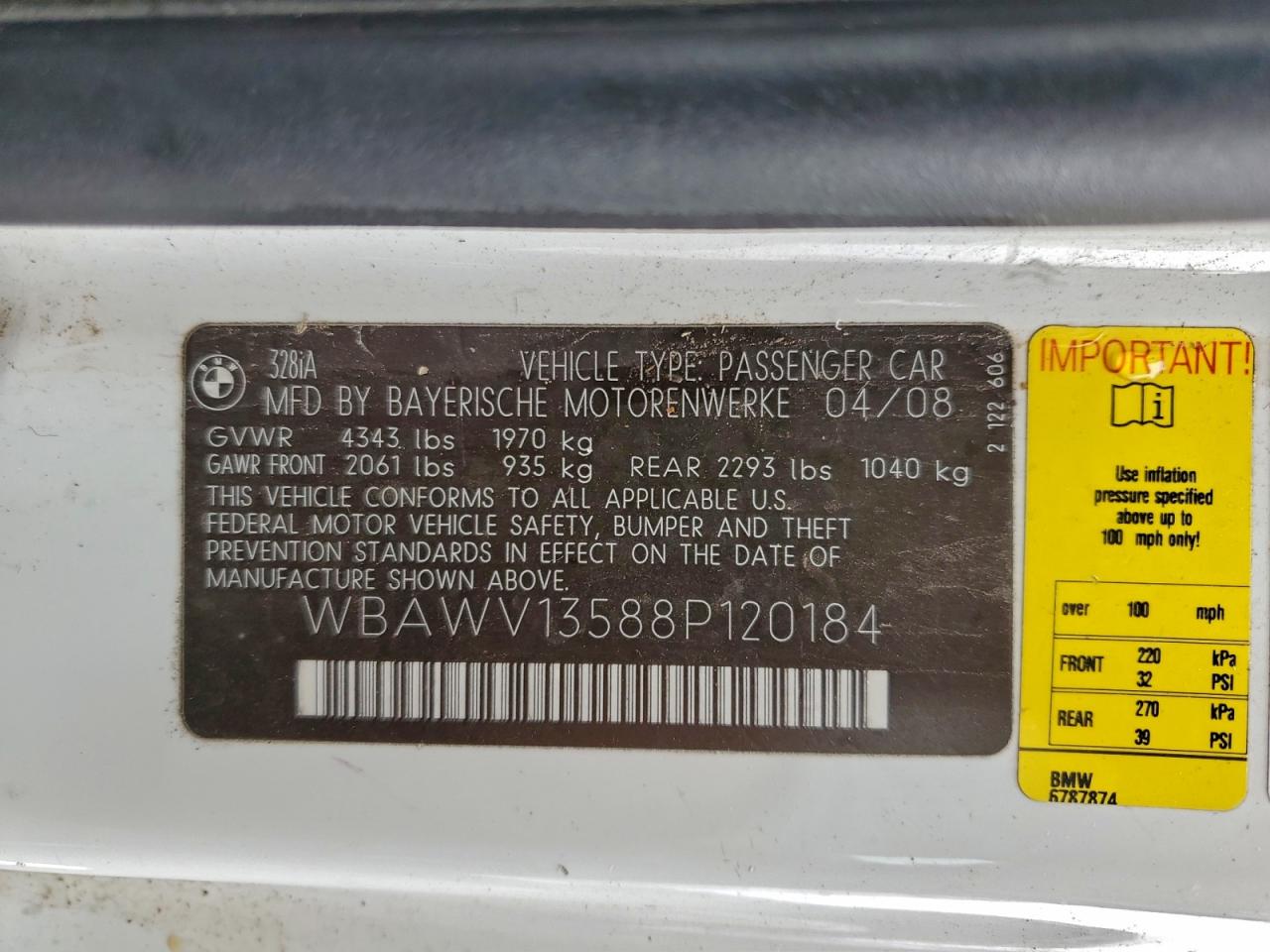 2008 BMW 328 I Sulev VIN: WBAWV13588P120184 Lot: 93973995