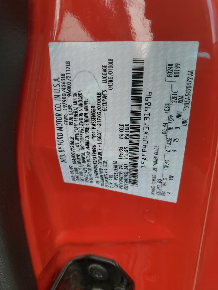 2003 Ford Mustang VIN: 1FAFP404X3F319896 Lot: 92676085