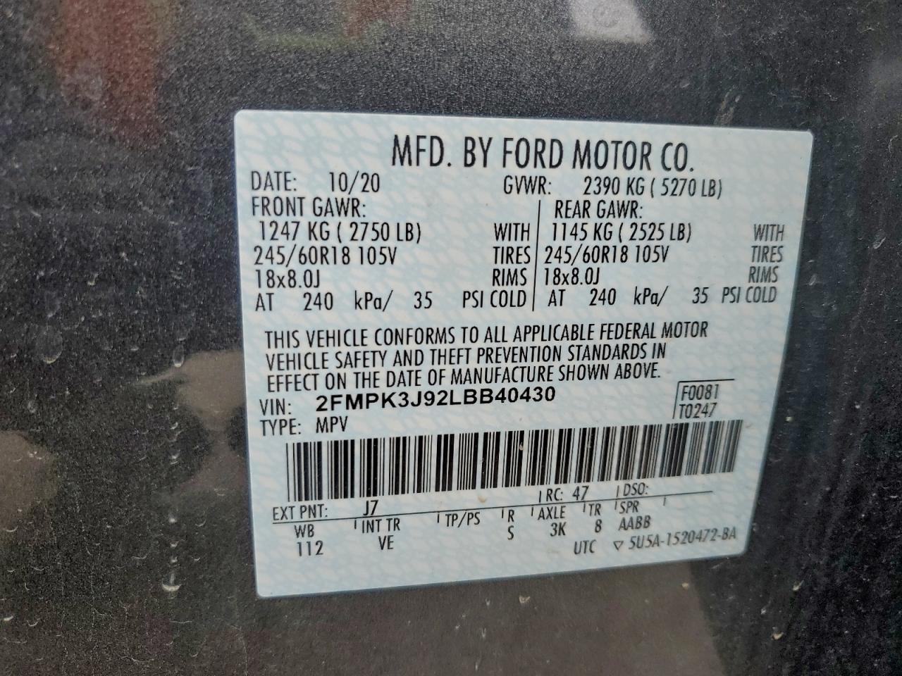 2020 Ford Edge Sel VIN: 2FMPK3J92LBB40430 Lot: 93969095