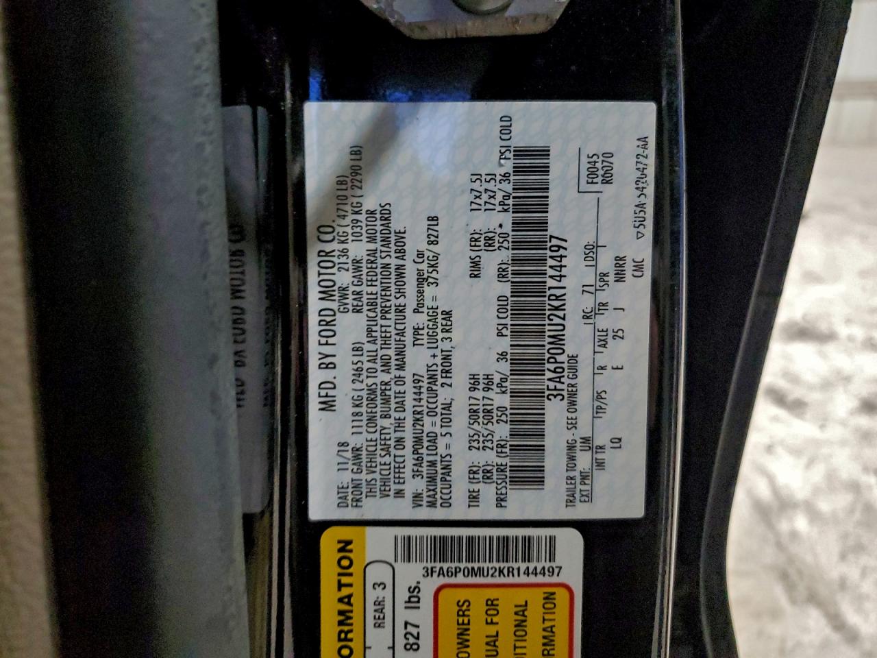 2019 Ford Fusion Sel VIN: 3FA6P0MU2KR144497 Lot: 94164625