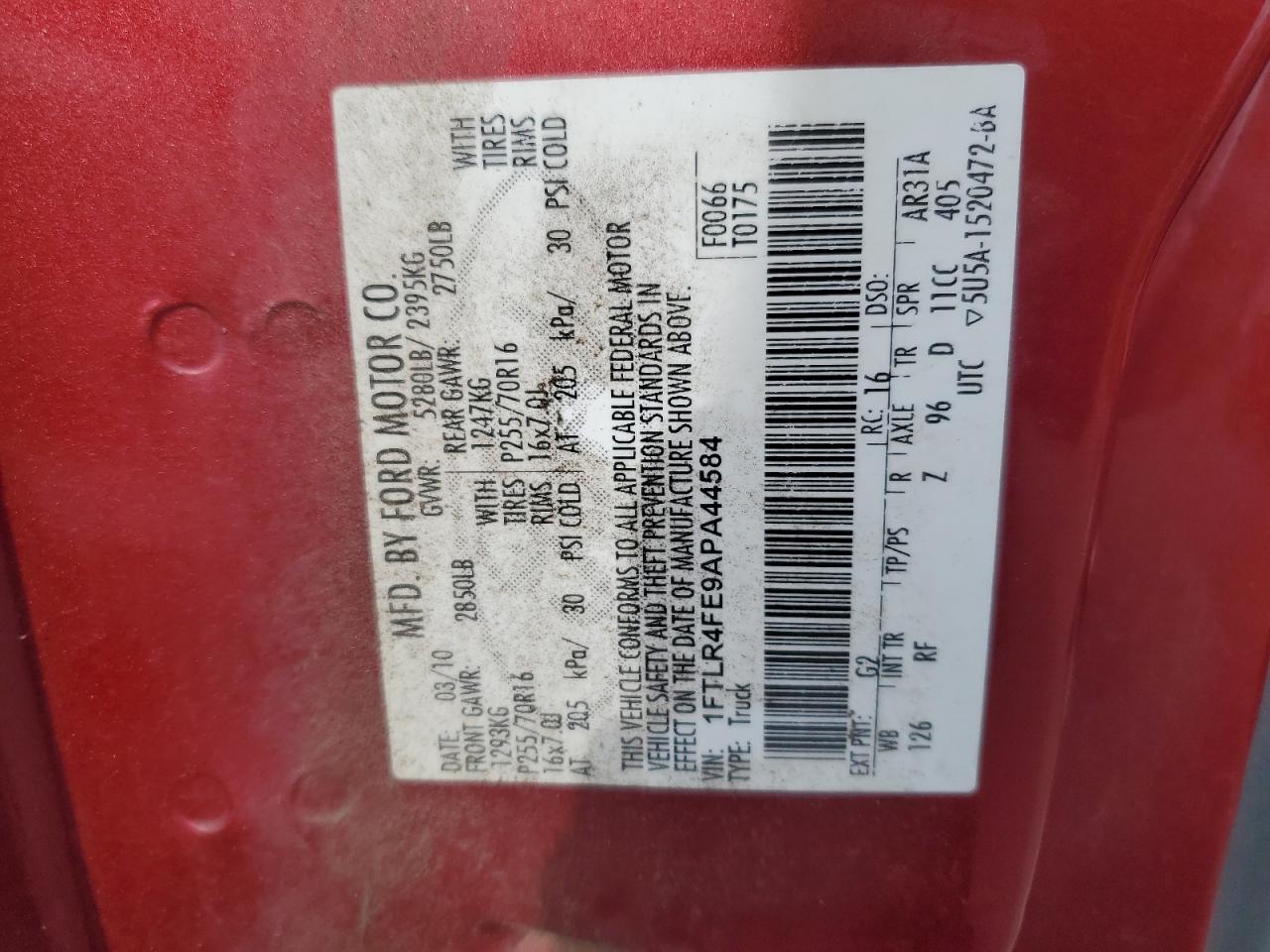 2010 Ford Ranger Super Cab VIN: 1FTLR4FE9APA44584 Lot: 92031595