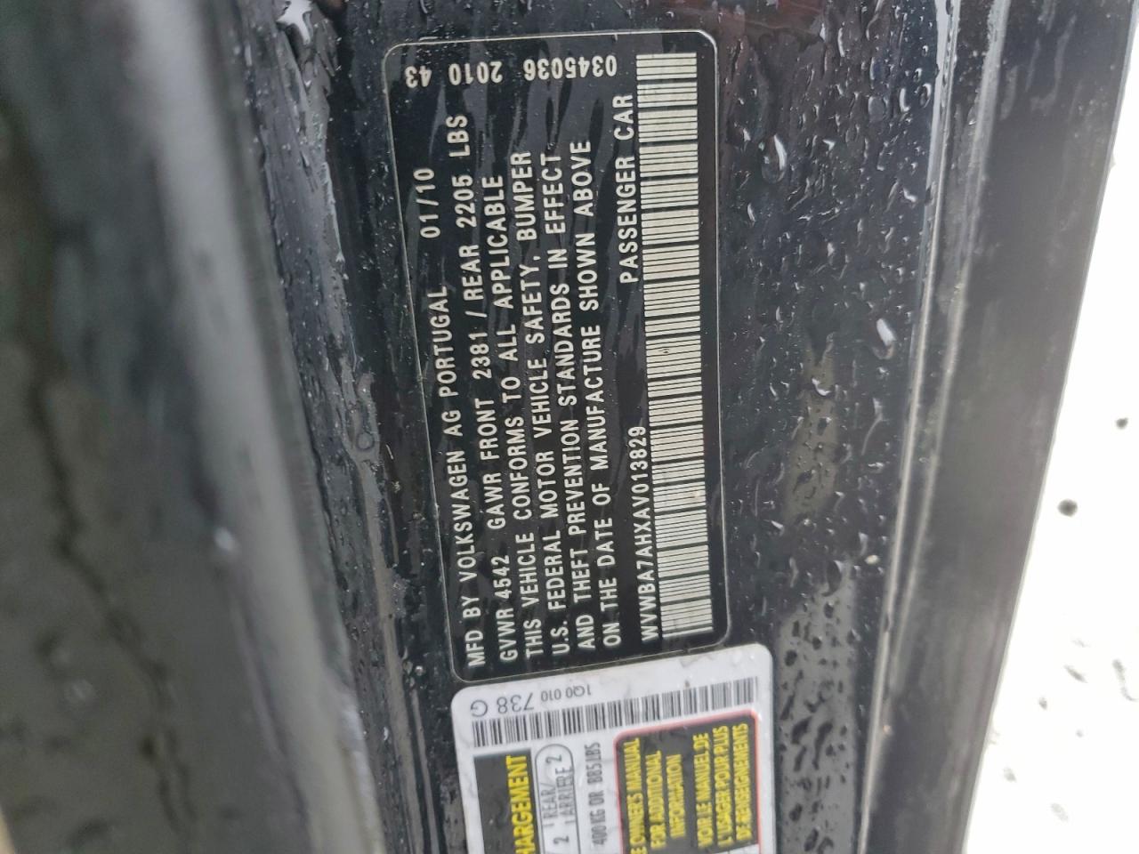 2010 Volkswagen Eos Turbo VIN: WVWBA7AHXAV013829 Lot: 93662925