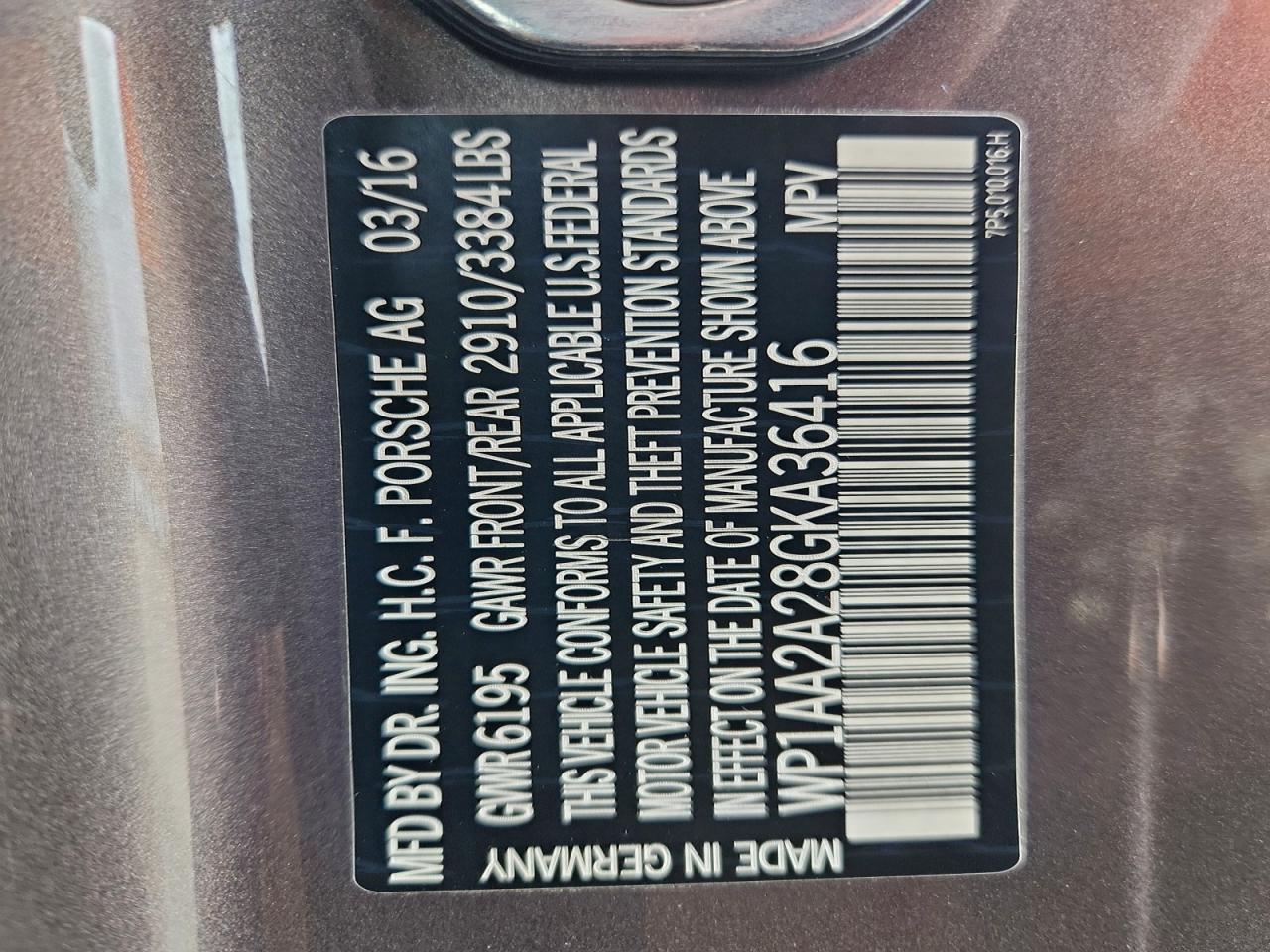 2016 Porsche Cayenne VIN: WP1AA2A28GKA36416 Lot: 93348545