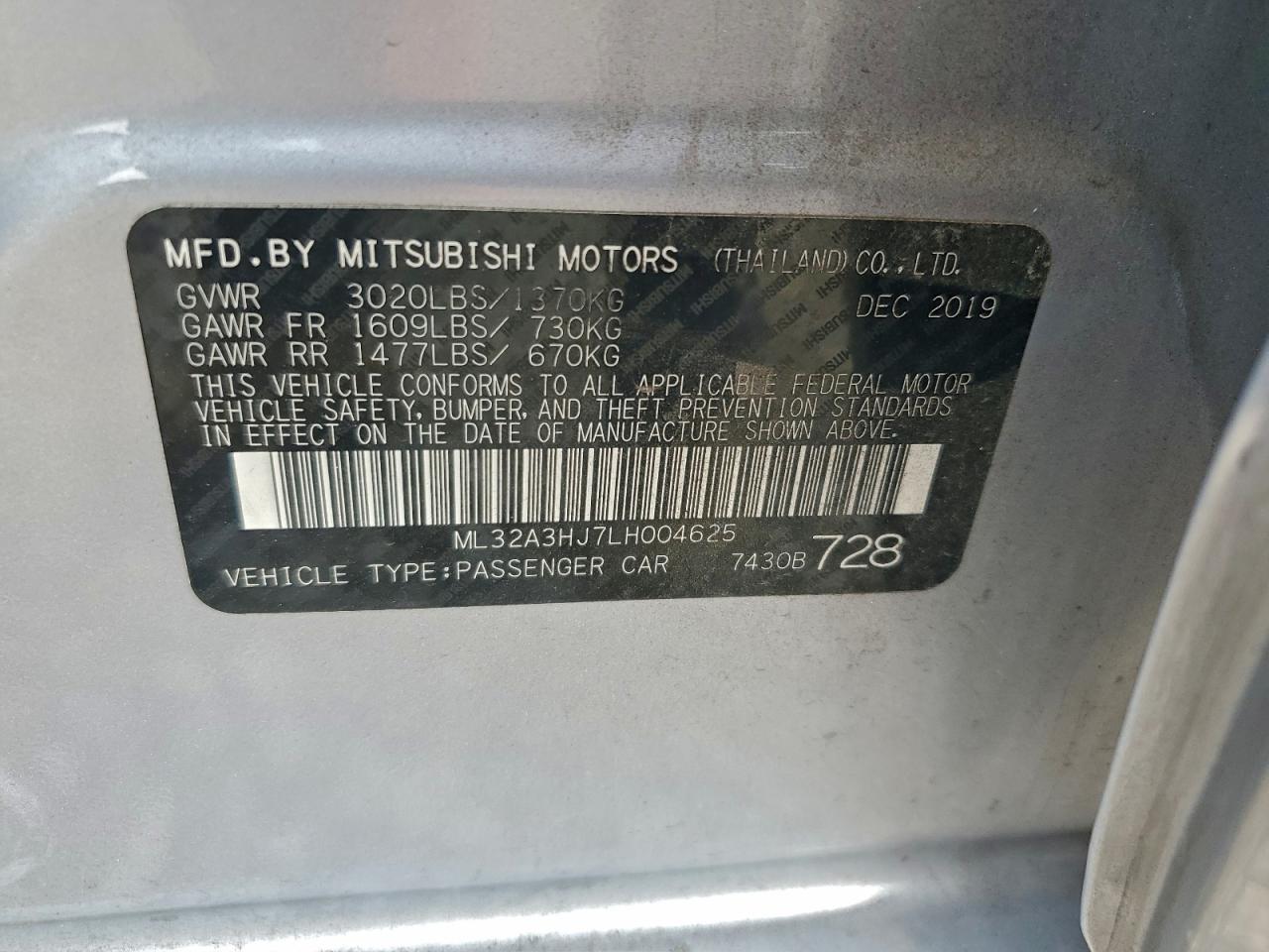 2020 Mitsubishi Mirage Es VIN: ML32A3HJ7LH004625 Lot: 93651145