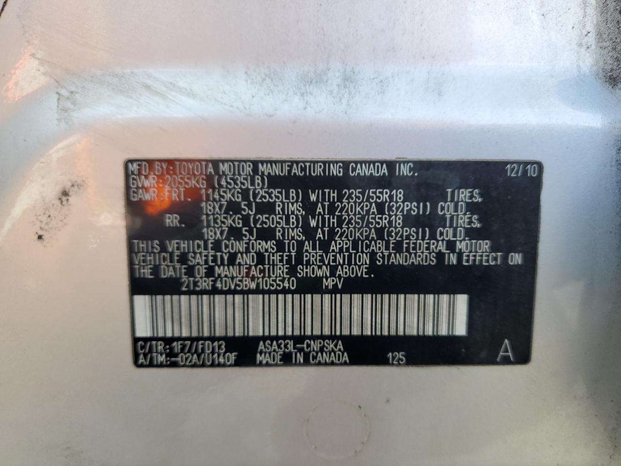 2011 Toyota Rav4 Sport VIN: 2T3RF4DV5BW105540 Lot: 82470275