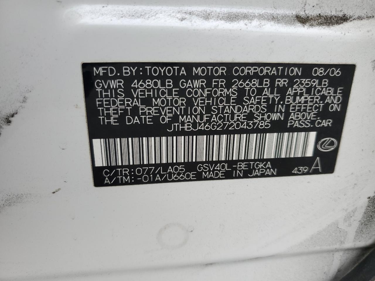 2007 Lexus Es 350 VIN: JTHBJ46G272043785 Lot: 92723425