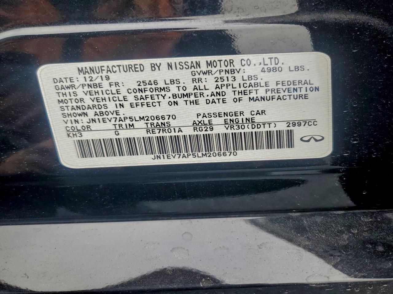 2020 Infiniti Q50 Pure VIN: JN1EV7AP5LM206670 Lot: 94375605