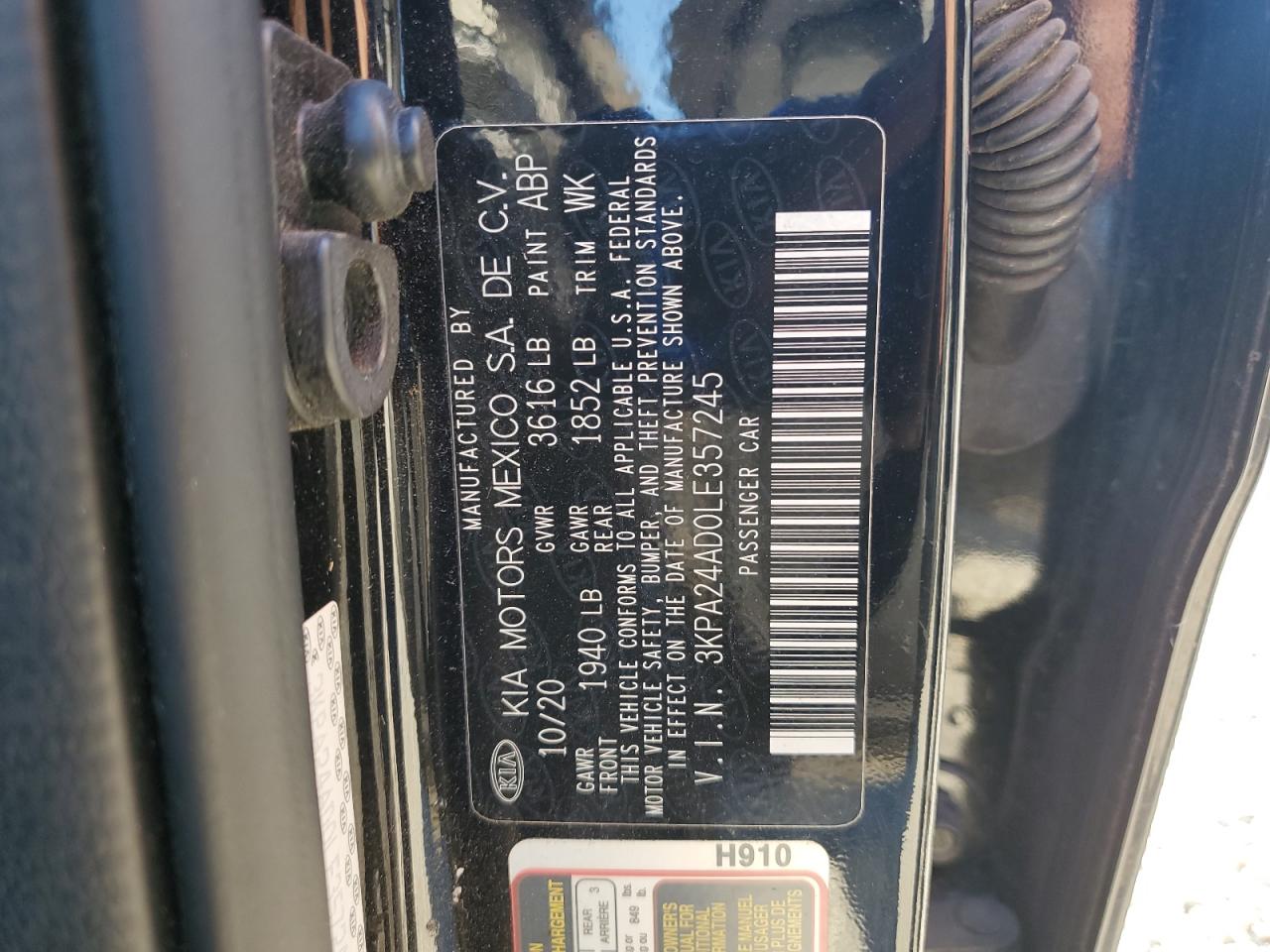 2020 Kia Rio Lx VIN: 3KPA24AD0LE357245 Lot: 93243695