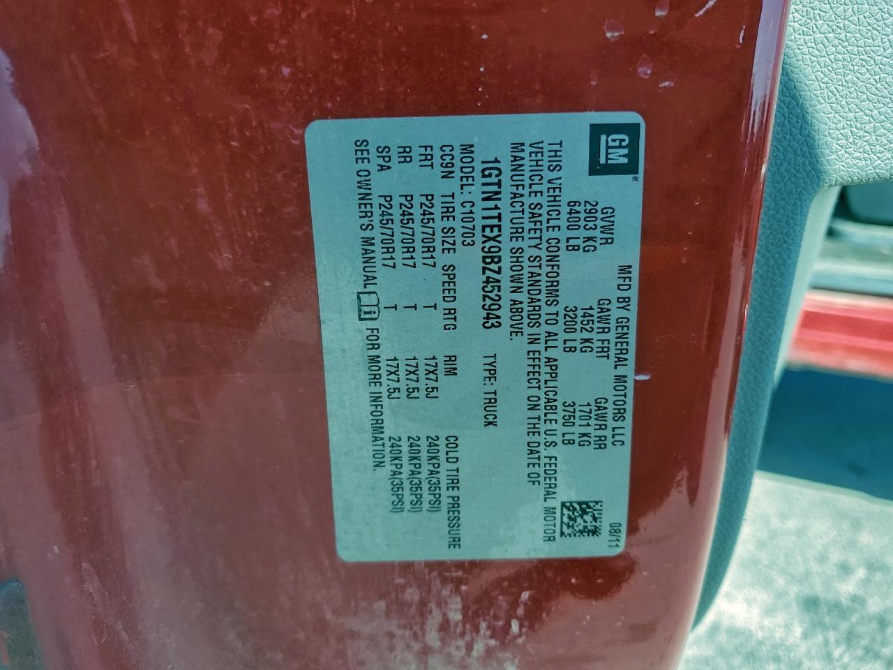 2011 GMC Sierra C1500 VIN: 1GTN1TEX9BZ452943 Lot: 93026565