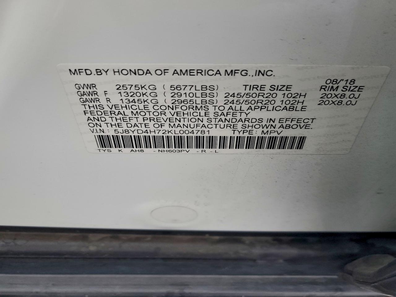 2019 Acura Mdx Technology VIN: 5J8YD4H72KL004781 Lot: 91717545