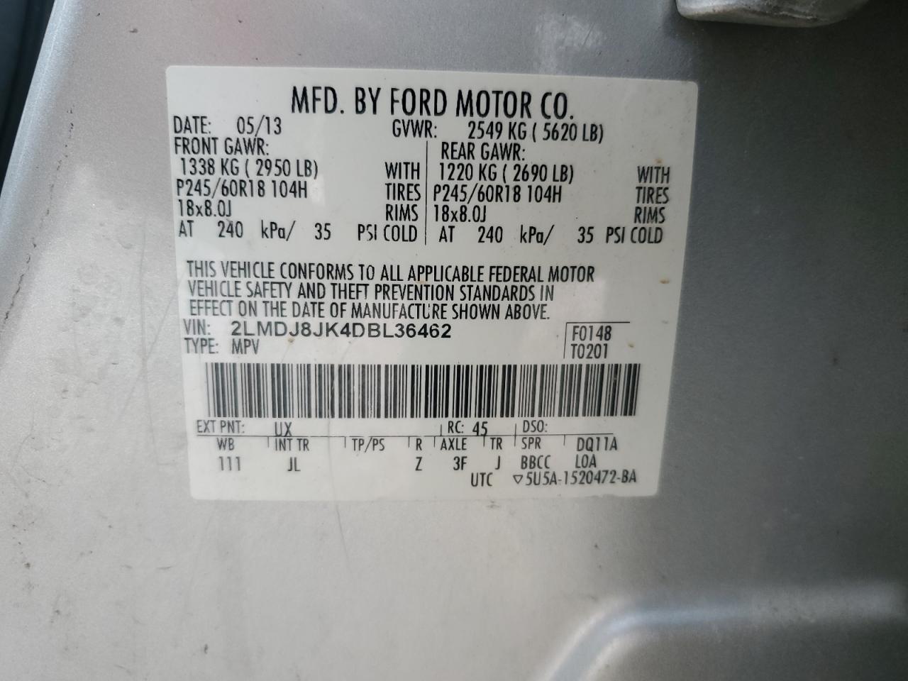 2013 Lincoln Mkx VIN: 2LMDJ8JK4DBL36462 Lot: 92405815