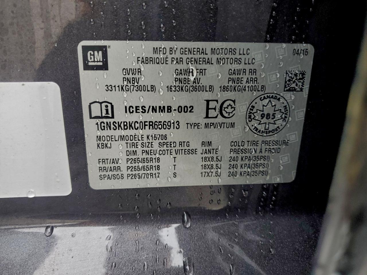 2015 Chevrolet Tahoe K1500 Lt VIN: 1GNSKBKC0FR656913 Lot: 94107465