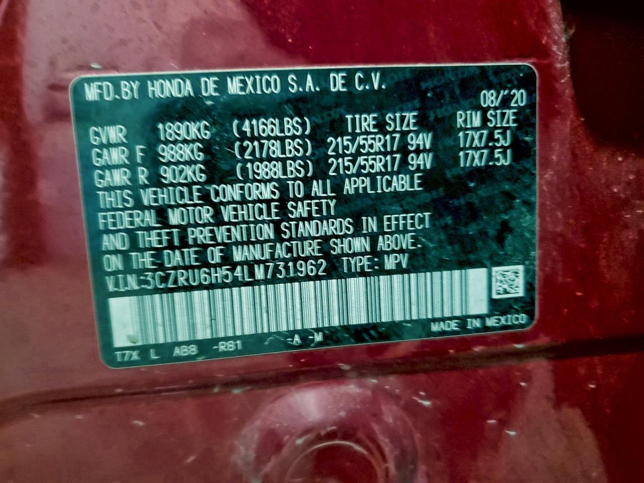 2020 Honda Hr-V Ex VIN: 3CZRU6H54LM731962 Lot: 94324195