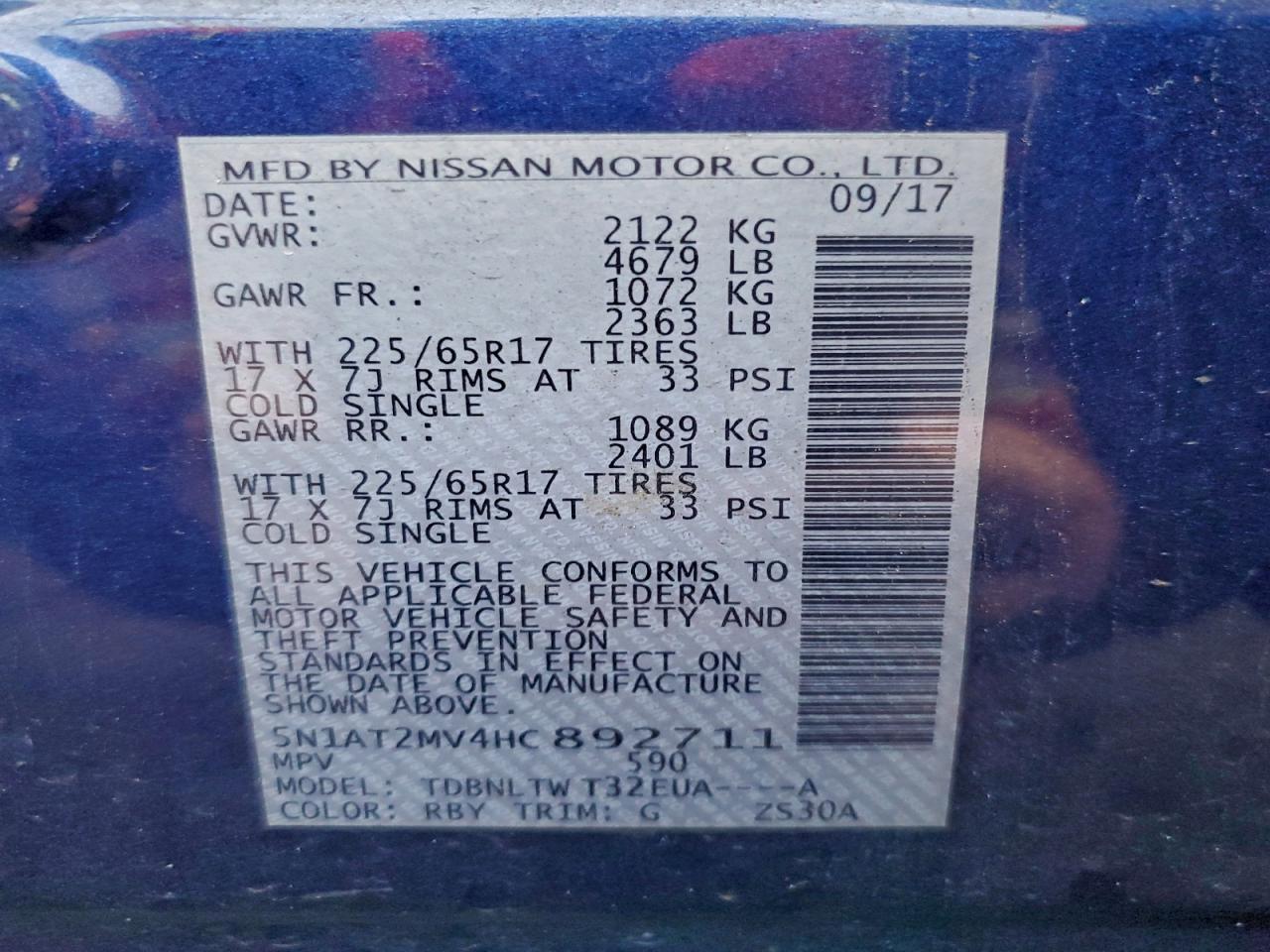 2017 Nissan Rogue Sv VIN: 5N1AT2MV4HC892711 Lot: 93923745