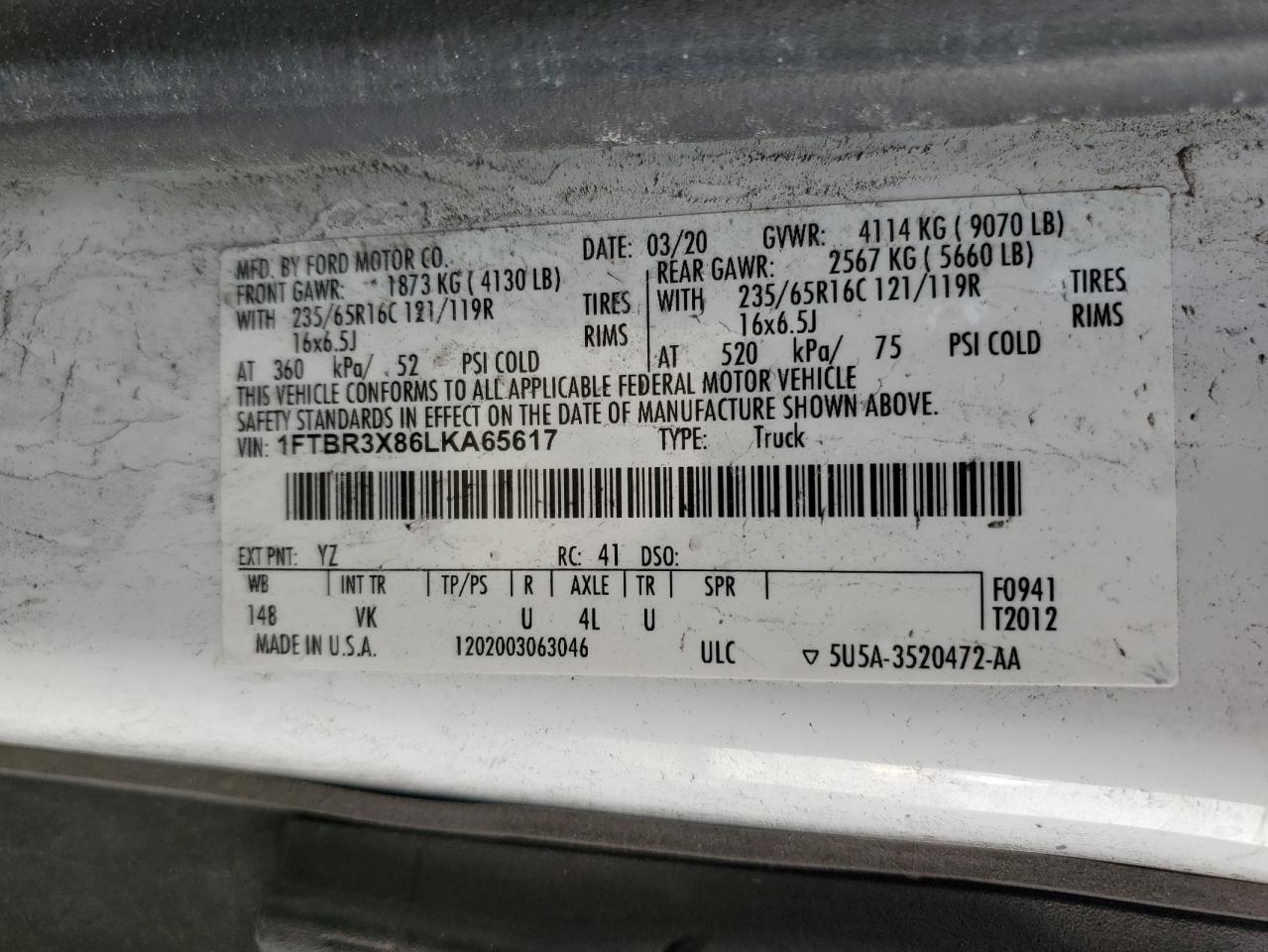 2020 Ford Transit T-250 Delivery Van VIN: 1FTBR3X86LKA65617 Lot: 91684045