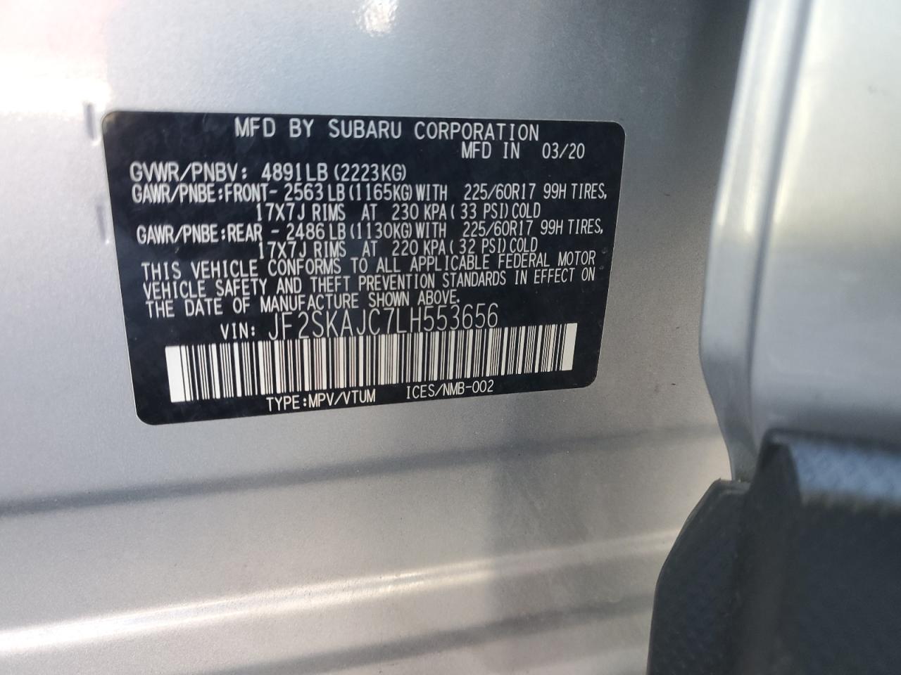 2020 Subaru Forester Premium VIN: JF2SKAJC7LH553656 Lot: 93097335