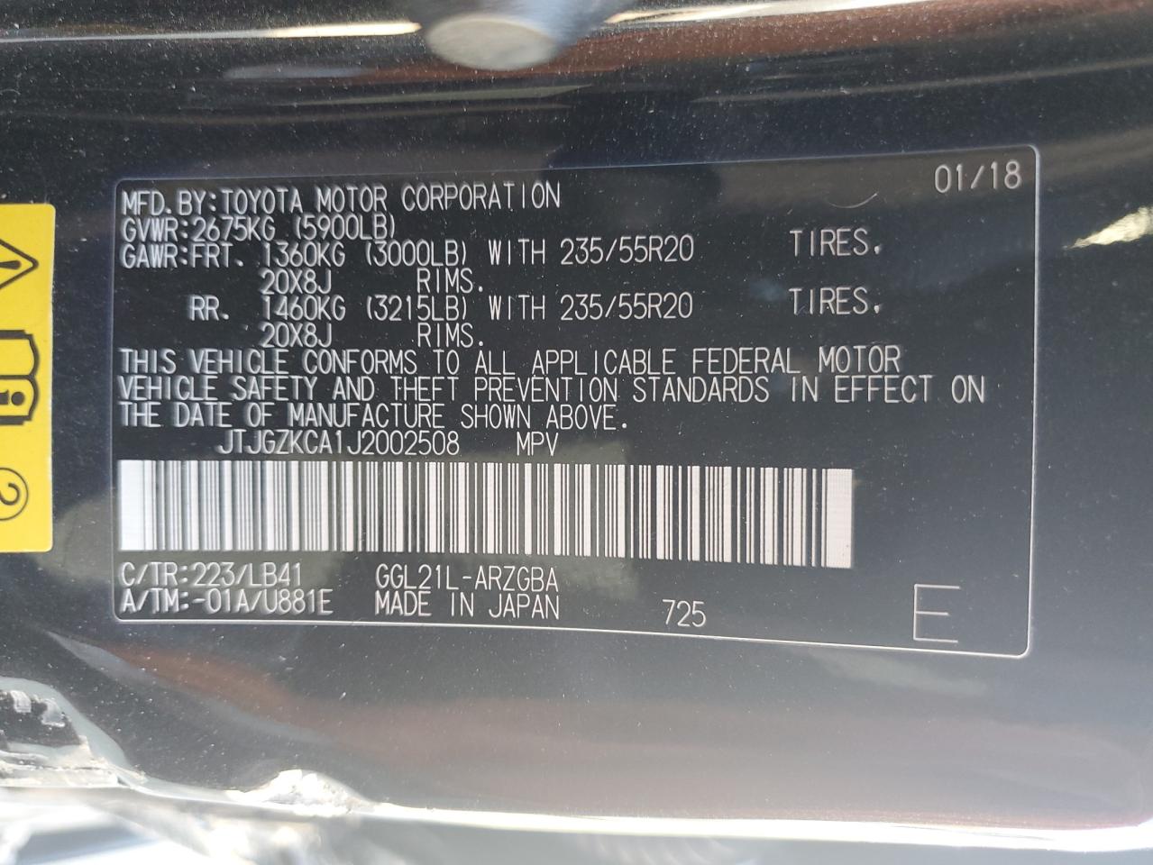 2018 Lexus Rx 350 L VIN: JTJGZKCA1J2002508 Lot: 91787965