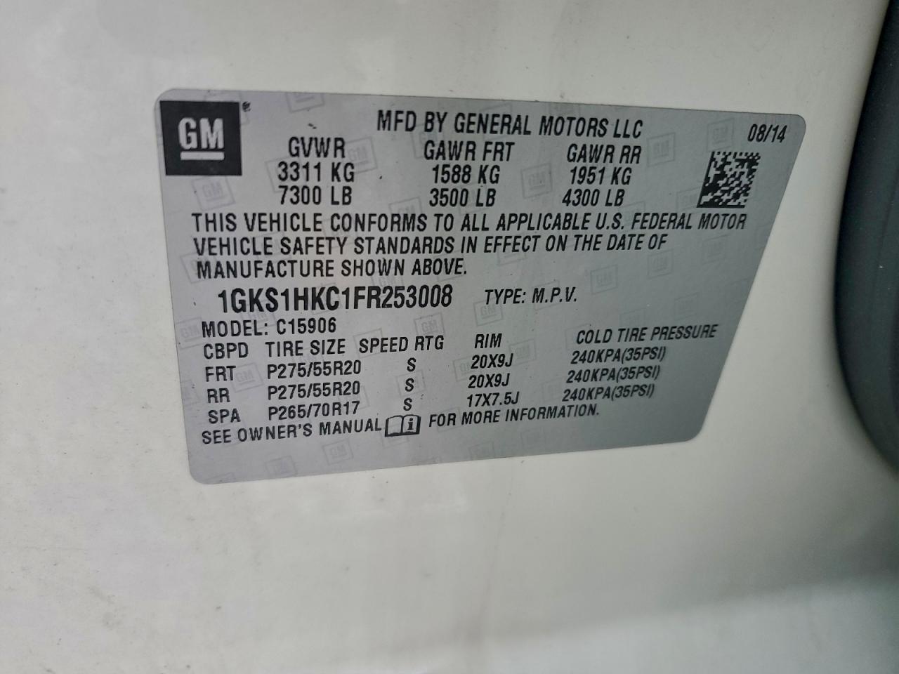 2015 GMC Yukon Xl C1500 Slt VIN: 1GKS1HKC1FR253008 Lot: 94858495