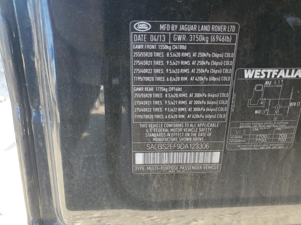 2013 Land Rover Range Rover Supercharged VIN: SALGS2EF9DA123306 Lot: 91700955