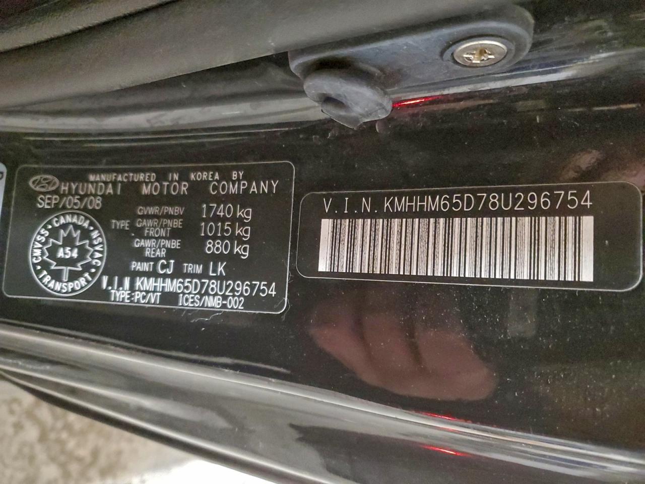 2008 Hyundai Tiburon Gs VIN: KMHHM65D78U296754 Lot: 94663095