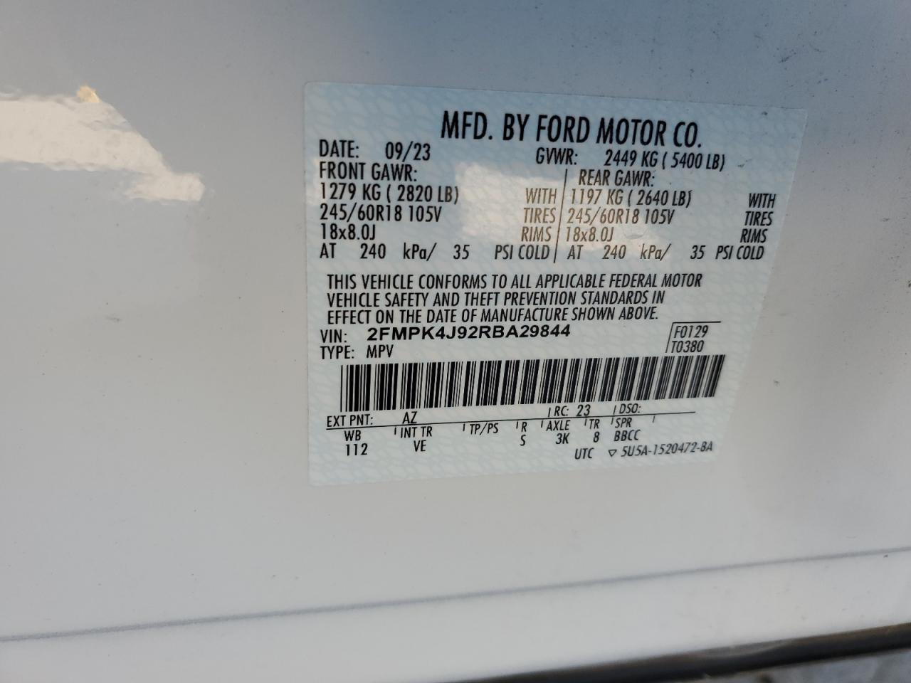 2024 Ford Edge Sel VIN: 2FMPK4J92RBA29844 Lot: 91499695